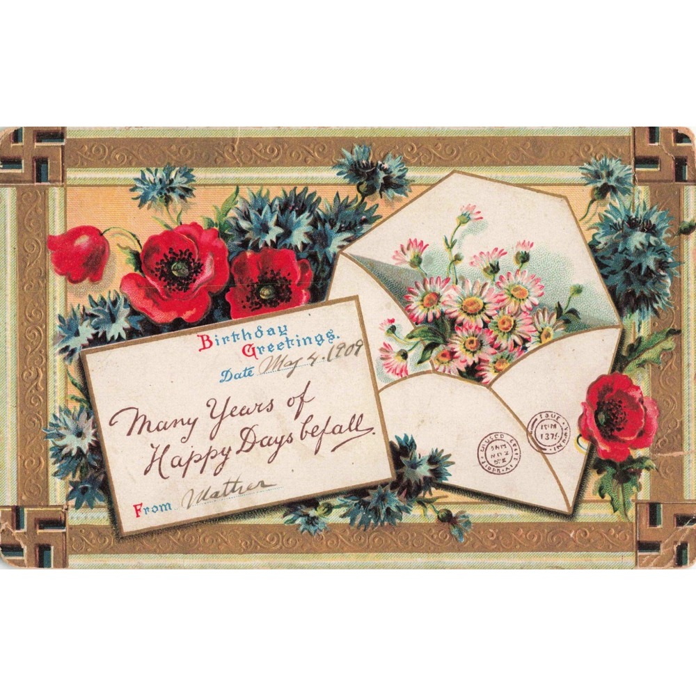 Antique 1909 Birthday Greetings Postcard Embossed Poppies Cornflowers Germany